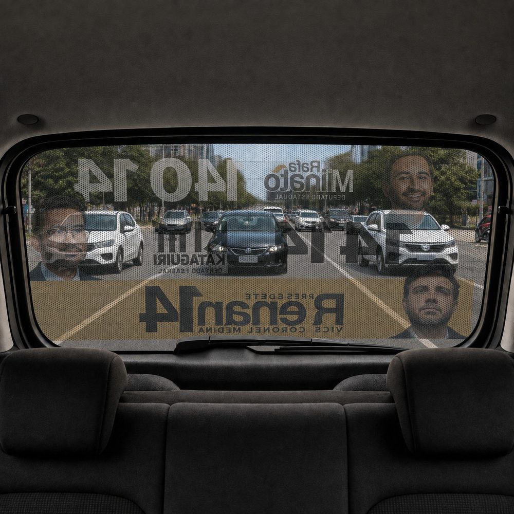 Vista de dentro do carro: através do adesivo perfurado dá para enxergar a rua e o trânsito com clareza