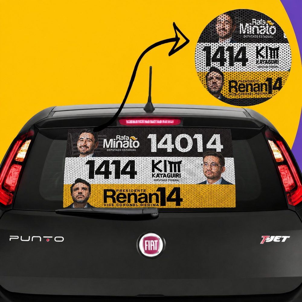 Traseira de um carro preto com o adesivo perfurado aplicado no vidro, com destaque ampliado da arte